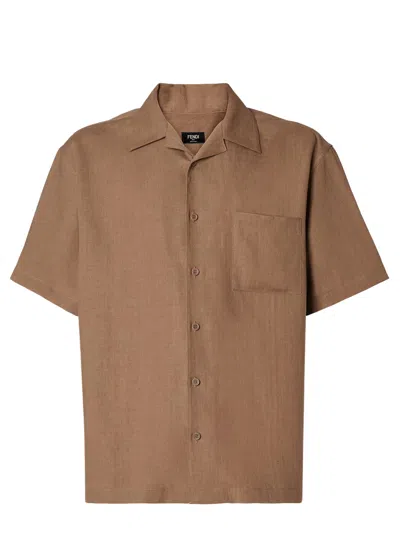 Fendi Bowling Collar Short Sleeve Pocket Shirt In Brown