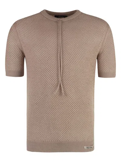 Fendi Mens Short Sleeve Openwork Ribbed Sweater In Tan In Beige