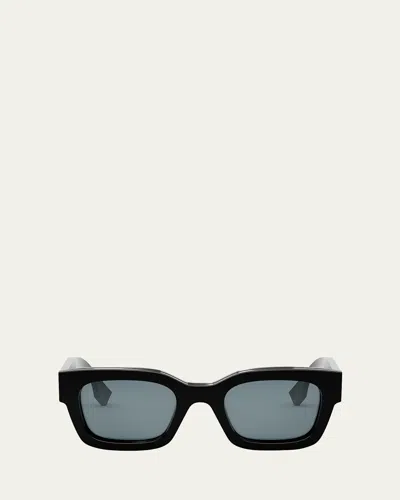 Fendi Men's Signature Oval Logo Sunglasses In Shiny Black  / Blue