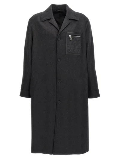 Fendi Men Single-breasted Cashmere Coat In Gray
