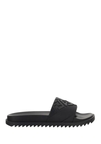 Fendi Rubber Slides With High Strap And Embossed Ff Motif Shoes In Black