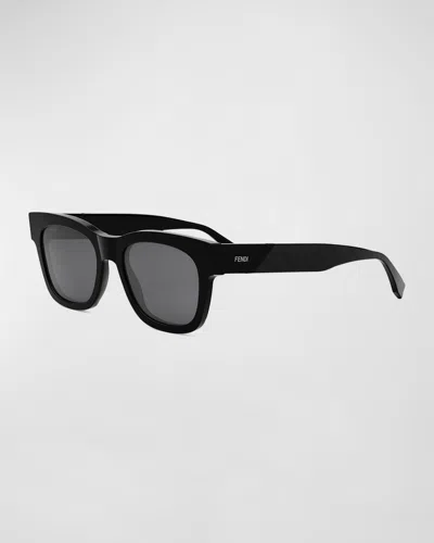 Fendi Men's Square Acetate Sunglasses In Shiny Black Smoke