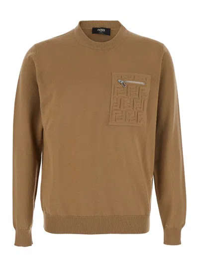 FENDI FENDI MEN BEIGE CREWNECK SWEATER WITH ZIP POCKET ON THE CHEST AND EMBOSSED FF LOGO IN VIRGIN WOOL MA