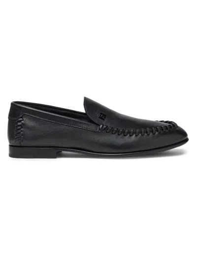 Fendi Men Leather Loafers With Metal Ff Logo In Black