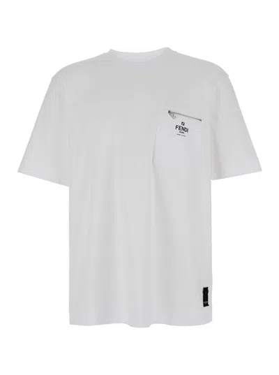 FENDI FENDI MEN WHITE CREWNECK T-SHIRT WITH LOG PRINT ON THE FRONT IN COTTON MAN