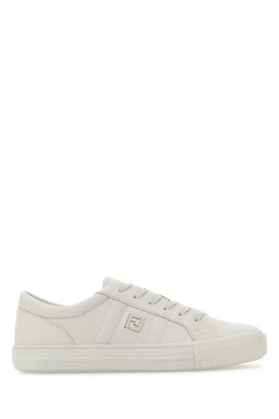 Fendi Men White Leather Domino Sneakers In Neutral