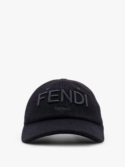 Fendi Men Wool Blend Baseball Hat With Logo Embroidery In Blue
