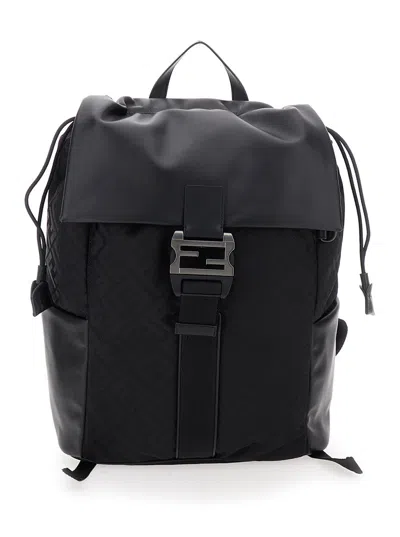 FENDI FENDI MEN BLACK BACKPACK WITH LOGO PLAQUE AND ALL-OVER FF MOTIF IN NYLON MAN