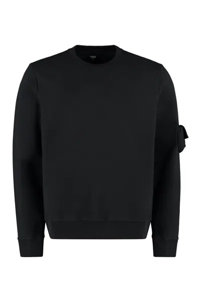 FENDI MENS BLACK COTTON SWEATSHIRT WITH FLAP POCKET AND RIBBED EDGES