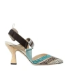 Fendi Mesh And Printed Leather High-heeled Slingbacks In Multi