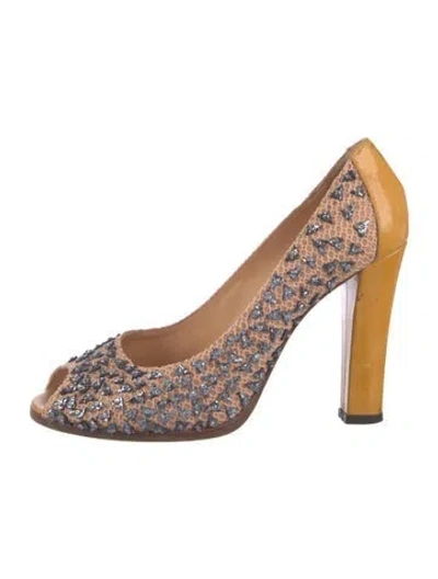 Pre-owned Fendi Mesh Glitter Accents Pumps In Orange
