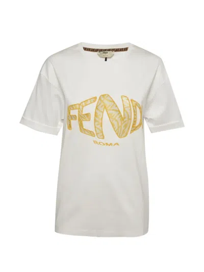 Pre-owned Fendi Mesh-inset Fish-eye Logo T-shirt In White