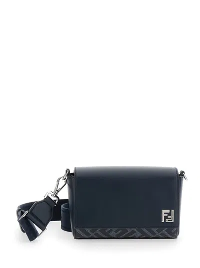 Fendi 'messenger' Midnight Blue Shoulder Bag With Logo Plaque And Ff Motif In Leather And Canvas Man In Multicolor