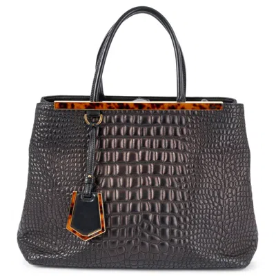 Pre-owned Fendi Metallic Black Leather Faux Croc Medium 2jours Tote Bag