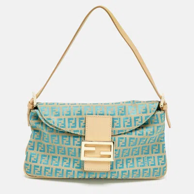 Pre-owned Fendi Metallic Blue/beige Zucchino Canvas Double Flap Baguette Bag