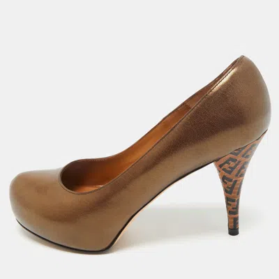 Pre-owned Fendi Metallic Bronze Leather Platform Ff Pumps Size 36 In Silver