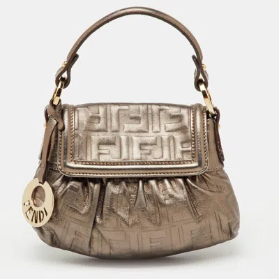 Pre-owned Fendi Metallic Grey Ff Embossed Leather Mini Chef Bag In Gray