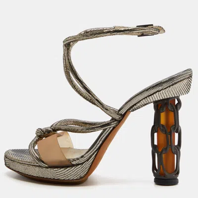 Pre-owned Fendi Metallic Grey Lizard Embossed Leather Chain Cage Heel Platform Sandals Size 40