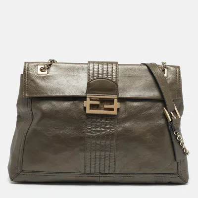 Pre-owned Fendi Metallic Leather Maxi Baguette Flap Shoulder Bag In Silver