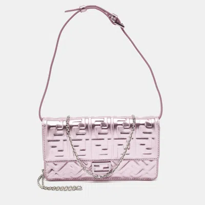 Pre-owned Fendi Metallic Pink Zucca Embossed Leather Baguette Wallet On Chain