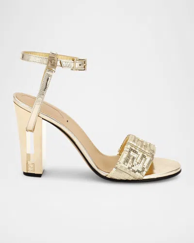 Fendi Metallic Sequin Block-heel Sandals In Pann Oro Chi Light Gold