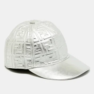 Pre-owned Fendi Metallic Silver Ff Embossed Leather Baseball Cap Size 58