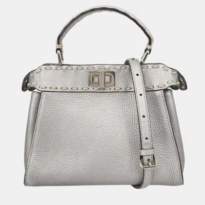 Pre-owned Fendi Metallic Silver Leather Peekaboo 2way Handbag