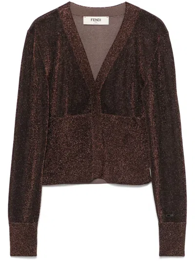 Fendi Metallic-threading Cardigan In Brown