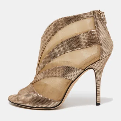Pre-owned Fendi Metallic/beige Laminated Suede And Mesh Open Toe Ankle Booties Size 38