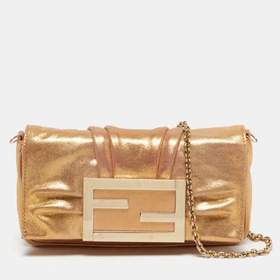Pre-owned Fendi Mia Gold Shimmer Leather Chain Clutch