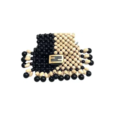 Pre-owned Fendi Micro Acrylic Wood Beaded Pico Baguette Charm Headphone Holder Black Natur