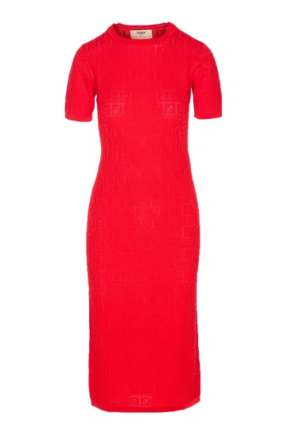 Fendi Women Red Short Sleeve Dress With All-over Ff Motif In Cotton Blend Woman In Multi