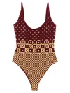 Fendi Micro Patchwork Print Lycra One Piece Swimsuit In Brown
