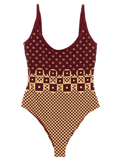 Fendi Micro Patchwork One-piece Swimsuit Beachwear Red