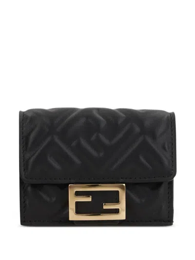 Fendi Micro Tri-fold Wallet Baguette In Leather In Black