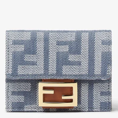 Fendi Micro Trifold Baguette Wallet In Jacquard Ff Denim Effect Blue
