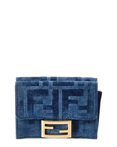 Fendi Micro Trifold Flocked Denim Wallet In Blue