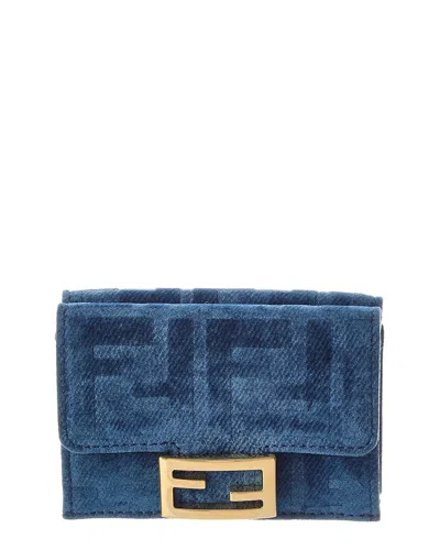 Fendi Micro Trifold Flocked Denim Wallet In Blue