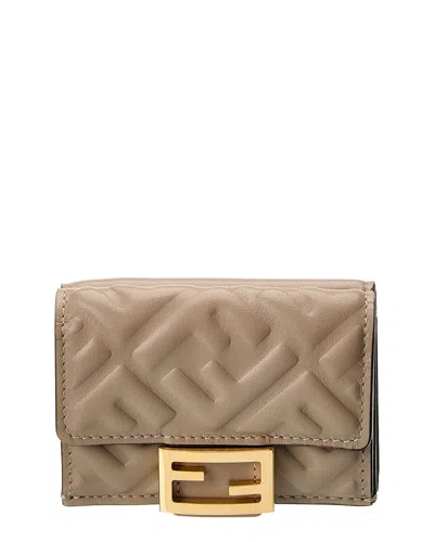 Fendi Micro Trifold Leather Wallet In Beige