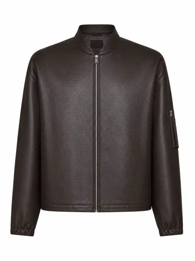 Fendi Micro-perforated Nappa Leather Bomber Jacket In Brown