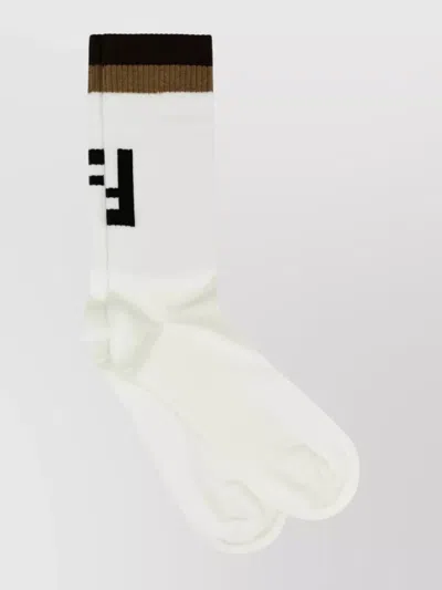 Fendi Mid-calf Ribbed Cotton Socks In Black
