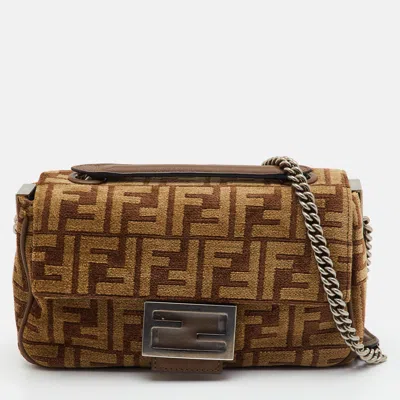 Pre-owned Fendi Midi Baguette Brown Ff Velvet Chain Shoulder Bag