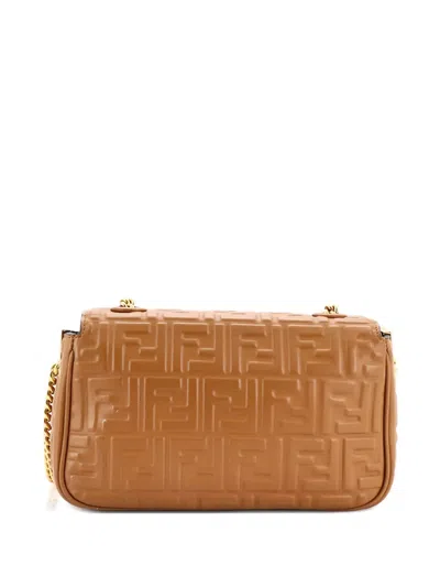 Pre-owned Fendi Midi Baguette Chain Bag Zucca Embossed Leather Medium Shoulder Bag In Brown