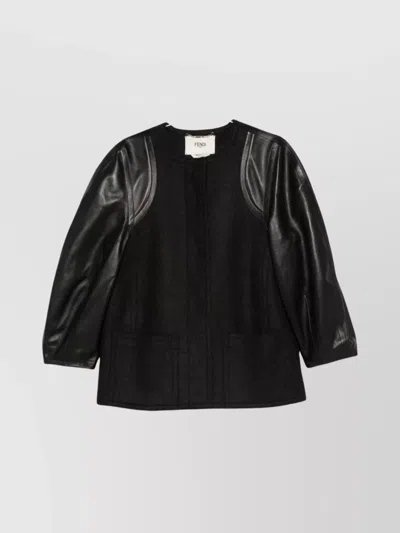Fendi Midi Coat With Leather Sleeves And Belt In Multi