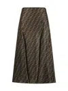 Fendi Women Brown Flared Midi Skirt With All-over Ff Motif In Silk Woman In Brown