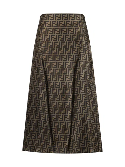Fendi Women Embroidered Silk Skirt In Brown