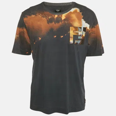 Pre-owned Fendi Midnight Blue Printed Cotton Zucca Applique Detail Crew Neck T-shirt L