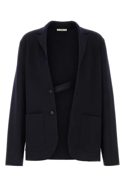 Fendi Midnight Blue Stretch Wool Blend Blazer In Brown