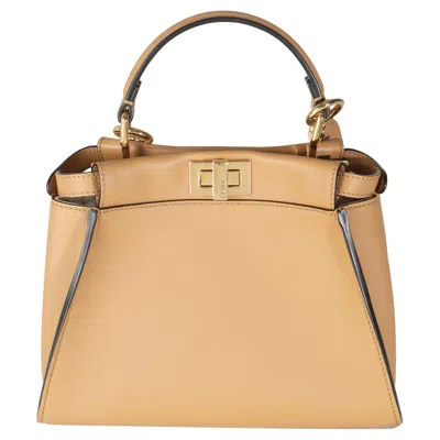 Pre-owned Fendi Miele Scuro Nappa Petite Peekaboo I See U Satchel In Sand