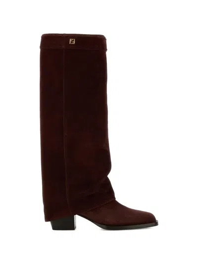 Fendi Women Burgundy Suede Minerva Boots In Red